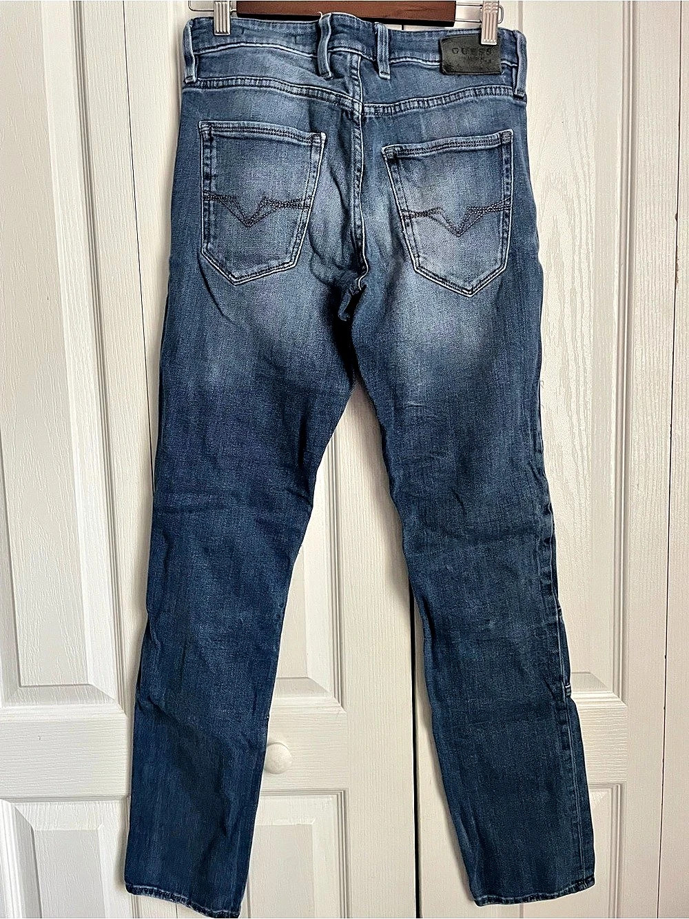 GUESS Slim Taper Distressed Moto Style Jeans, Blue, Size 30 - Picture 2 of 4